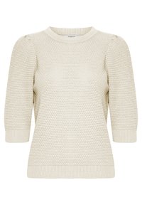 Helles beiges Strickpullover mit Dreiviertelärmeln, strukturiertem Muster, rundem Ausschnitt und gerippten Bündchen sowie Saum.
