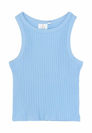 Svetlomodrý rebrovaný tielkový top s okrúhlym výstrihom a prešitým lemom. Vyrobený z mäkkej, elastickej tkaniny. Jemná textúra po celej ploche.