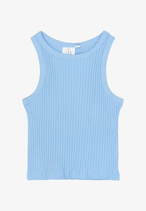 Hellblaues, geripptes ärmelloses Top mit rundem Ausschnitt und abgestepptem Saum. Hergestellt aus einem weichen, dehnbaren Stoff. Dezent strukturierte Oberfläche.