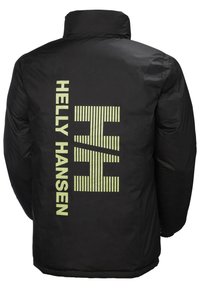 Černá péřová bunda s vysokým límcem. Na zadní straně se nachází velký žlutý nápis "HELLY HANSEN" a pruhované logo. Hladká, lesklá tkanina.