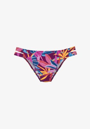 Bikini spodnji del s purpurno osnovo, ki vsebuje abstraktni cvetlični vzorec v rožnati, modri in rumeni barvi. Oblikovanje stranskega traku dodaja podrobnosti.