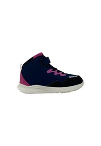 Scarpe sportive alte con tomaia blu navy, dettagli rosa, punta nera e suola bianca. Presentano una strap di Velcro per la chiusura.