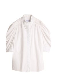 Hvit kortermet bluse med stiv krage, med rynkede puff-ermer og knappelukking foran. Glatt bomullsstoff med et rent design.