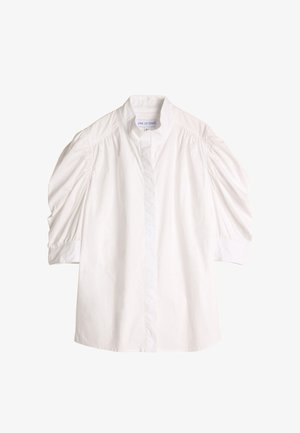 Hvit kortermet bluse med stiv krage, med rynkede puff-ermer og knappelukking foran. Glatt bomullsstoff med et rent design.