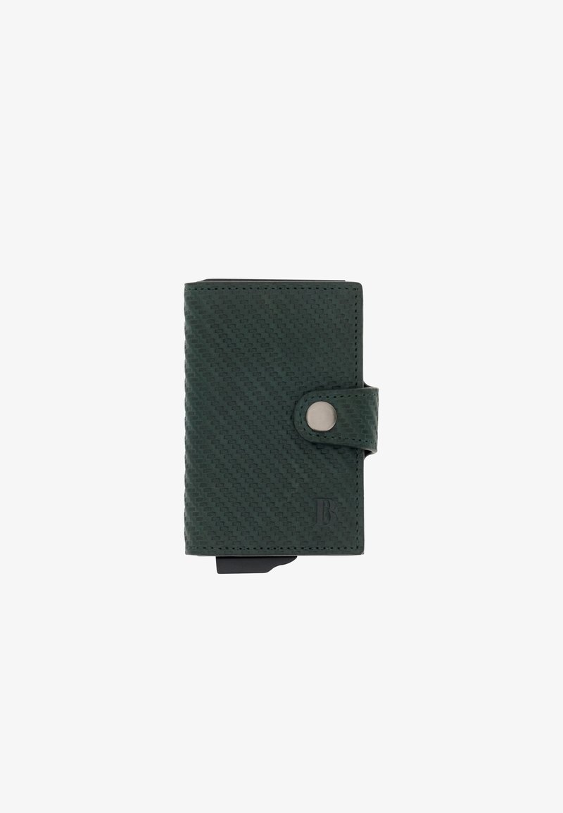 Compact dark green textured wallet with a snap button closure and a small embossed "B" logo on the front.
