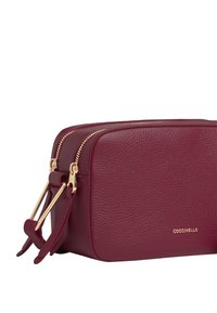 Borsa a tracolla in pelle bordeaux con forma rettangolare, hardware dorato, doppia cerniera e superficie tessurizzata. Logo del marchio impresso.