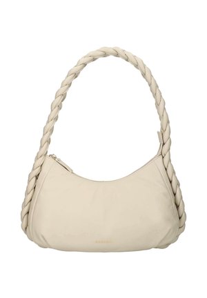 Sac à bandoulière beige clair avec une poignée tressée et une fermeture zippée sur le dessus, fabriqué en matériau lisse avec un texte subtil de la marque à l'avant.