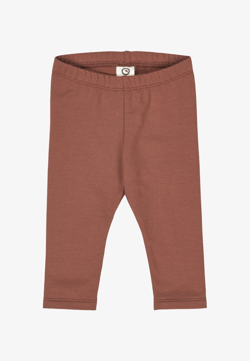 Hnědé bavlněné legíny s měkkou texturou, elastickým pasem a bez viditelných vzorů či kovových prvků, navržené pro pohodlí a snadný pohyb.