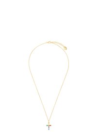 Collana di catena d'oro con pendente a croce colorato, caratterizzato da accenti blu, verdi e rossi. Design semplice, lunghezza regolabile con chiusura.