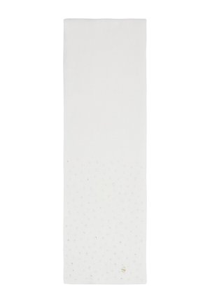 Sciarpa bianca con una texture a coste, decorata con piccoli accenti argento in un motivo a pois, completa di un logo dorato su un lato.