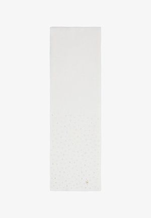Sciarpa bianca con una texture a coste, decorata con piccoli accenti argento in un motivo a pois, completa di un logo dorato su un lato.
