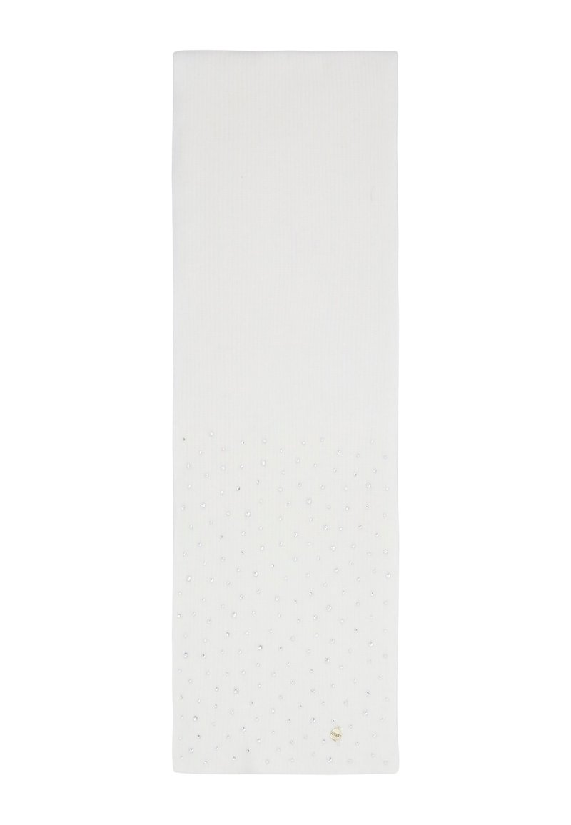 Sciarpa bianca con una texture a coste, decorata con piccoli accenti argento in un motivo a pois, completa di un logo dorato su un lato.