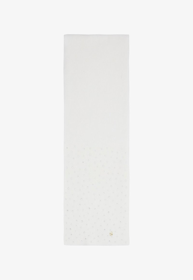 Sciarpa bianca con una texture a coste, decorata con piccoli accenti argento in un motivo a pois, completa di un logo dorato su un lato.