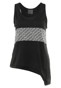 Černý top bez rukávů s bílým geometrickým vzorem v pase. Měkká tkanina s zakřiveným lemem a kulatým výstřihem.