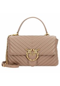 Gequilte beige leren handtas met een bovenhandgreep en gouden metalen hardware met een vogelmotief. Inclusief verstelbare kettingriem.