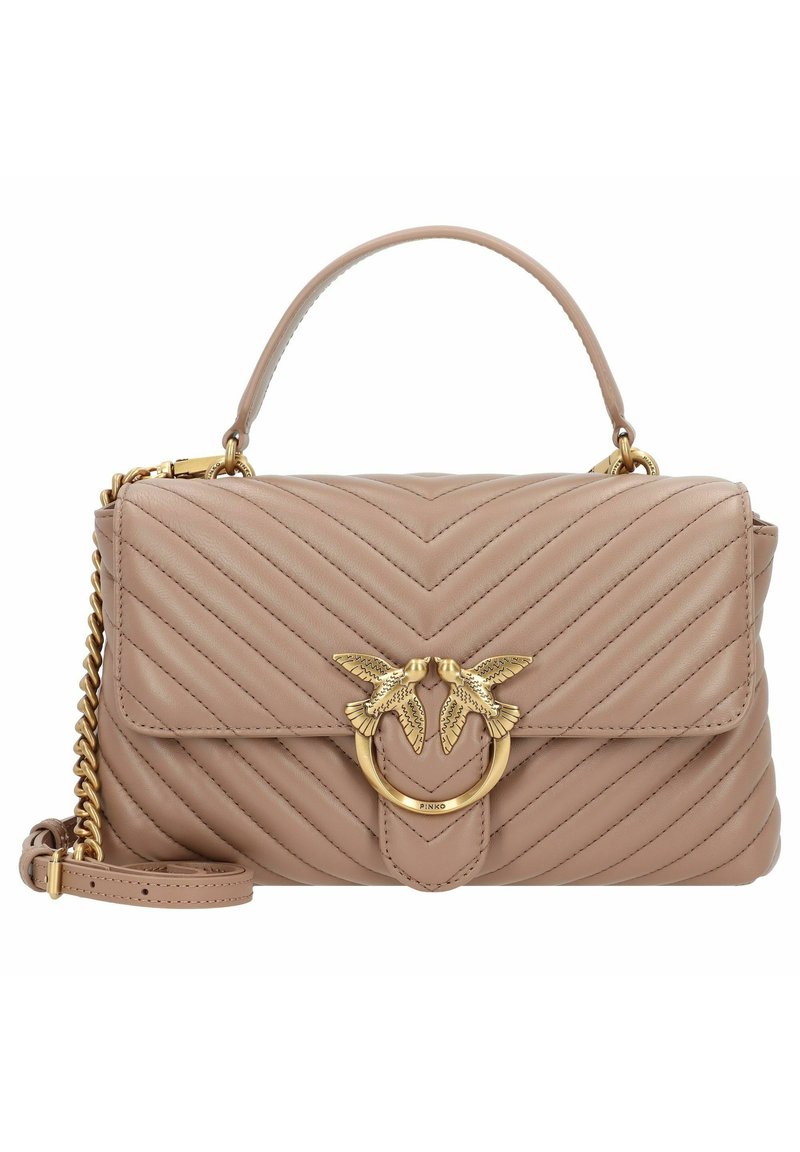 Gequilte beige leren handtas met een bovenhandgreep en gouden metalen hardware met een vogelmotief. Inclusief verstelbare kettingriem.