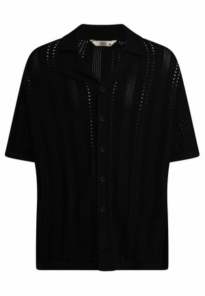 Schwarzes Kurzarmhemd mit Kragen, das ein strukturiertes Offene-Muster und eine Knopfleiste auf der Vorderseite aufweist.
