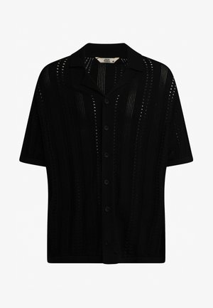Schwarzes Kurzarmhemd mit Kragen, das ein strukturiertes Offene-Muster und eine Knopfleiste auf der Vorderseite aufweist.