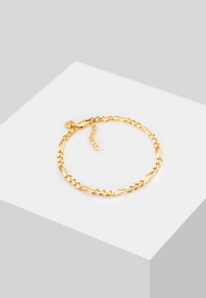 Guld metalarmbånd med sammenvævede led, udstyret med en lobsterklips og justerbar kæde for varierende længder. Glat finish med en blank overflade.