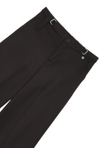 Pantaloni neri a vita alta con una texture liscia, con passanti per cintura, chiusura con un singolo bottone e un piccolo logo in vita.