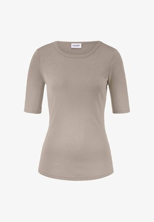 Beige enganliegendes T-Shirt mit rundem Halsausschnitt und kurzen Ärmeln, aus glattem Stoff gefertigt, mit minimalen Nähten und einem schlichten Design.