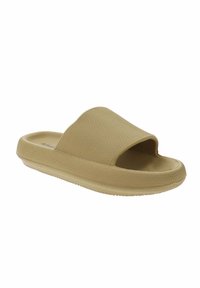 Infradito beige con texture a coste, open toe e una suola resistente per il comfort. Design leggero e casual ottimizzato per una facile vestibilità.