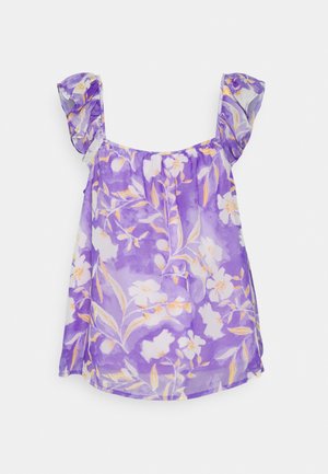 Top com padrão floral roxo e alças com babados, fabricado em tecido leve, com um formato fluido e detalhe elástico no decote.