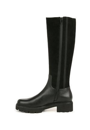 Bottes noires montantes en cuir verni au niveau des orteils et tige en daim texturé, avec une fermeture éclair sur le côté et une semelle en caoutchouc pour l'adhérence.