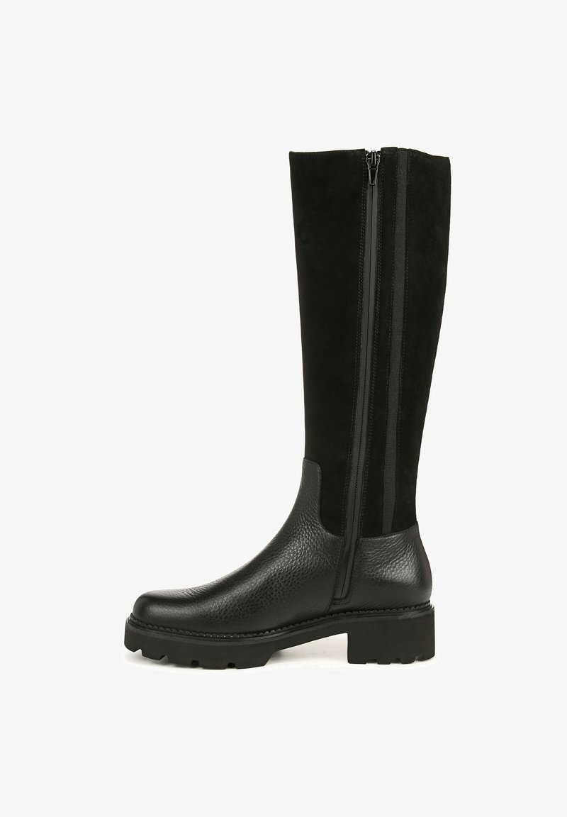 Stivali neri al ginocchio con punta in pelle lucida e gambale in suede texturizzato, dotati di cerniera laterale e suola in gomma per una migliore aderenza.