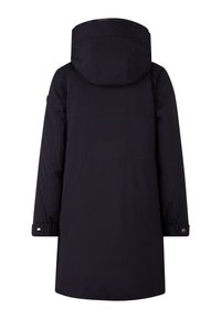 Długa czarna kurtka z kapturem, o gładkim, matowym wykończeniu i regulowanymi mankietami. Brak widocznych logo lub wzorów.