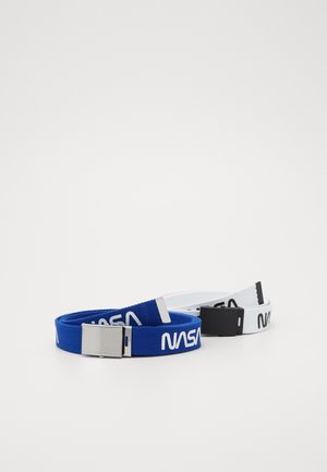 Two belts in blue and white, featuring a woven texture, metal buckles, and bold “NASA” branding in contrasting colors.