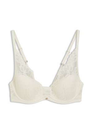 Weißer Spitzen-BH mit Bügeln, verstellbaren Trägern und Blumenmustern auf den Körbchen, dargestellt vor einem einfarbigen weißen Hintergrund.