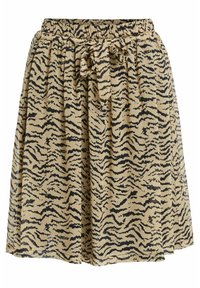 Jupe légère jusqu'au genou de couleur beige avec un motif rayé de tigre noir et une taille élastique dotée d'un lien à nouer à l'avant.