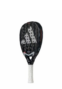 Raquette de padel avec une surface en fibre de carbone noire, de grands trous ronds, une prise texturée blanche et des accents de logo bien visibles. Nom du modèle : Metalbone.
