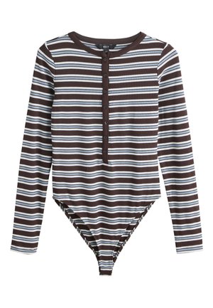 Pikkade varrukatega soonikkoes bodi, millel on pruunid, valged ja helesinised horisontaalsed triibud ning ees nupurida.