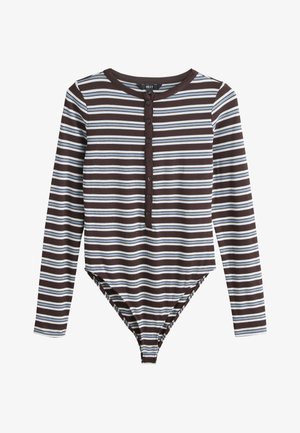 Pikkade varrukatega soonikkoes bodi, millel on pruunid, valged ja helesinised horisontaalsed triibud ning ees nupurida.