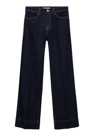 Tamno plave traperice širokih nogavica, s prednjim zatvaranjem na gumb, pet džepova i kontrastnim šavovima.