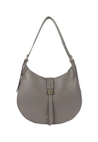 Borsa a spalla in pelle grigia con forma curva, fibbia dorata sulla cinghia anteriore e manico singolo.