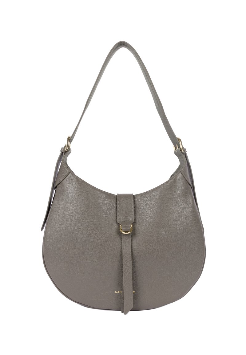 Borsa a spalla in pelle grigia con forma curva, fibbia dorata sulla cinghia anteriore e manico singolo.