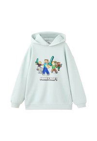 Světlomodrá mikina s kapucí, na přední straně s pixelovým motivem Minecraftu znázorňujícím postavy a meče. Dlouhé rukávy a žebrovaný lem.