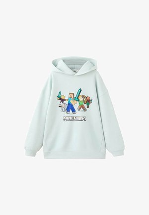Svetlomodrá mikina s kapucňou, na prednej strane s pixelovým grafickým motívom z Minecraftu zobrazujúcim postavy a meče. Dlhé rukávy a rebrovaný spodný lem.