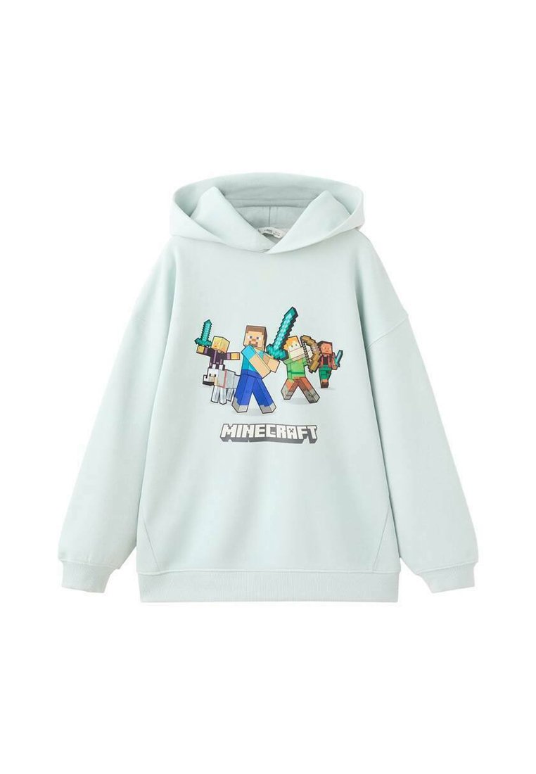 Světlomodrá mikina s kapucí, na přední straně s pixelovým motivem Minecraftu znázorňujícím postavy a meče. Dlouhé rukávy a žebrovaný lem.