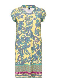 Ärmelloses Kleid in Gelb mit aufwendigen blauen und grünen Blumenmustern, ausgestattet mit einem V-Ausschnitt und einem kontrastierenden gemusterten Saum.