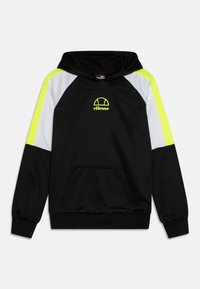 Czarny hoodie z kieszenią kangurką, z neonowymi żółtymi i białymi akcentami na rękawach oraz małym logo na piersi.