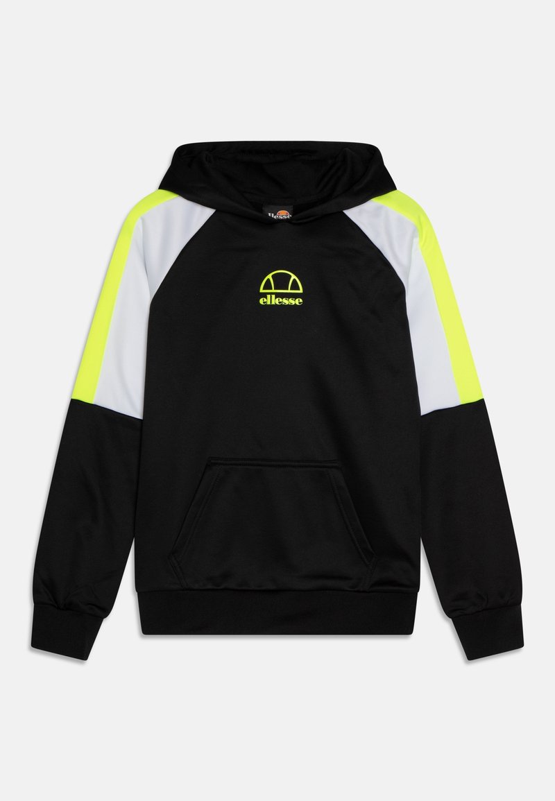 Czarny hoodie z kieszenią kangurką, z neonowymi żółtymi i białymi akcentami na rękawach oraz małym logo na piersi.