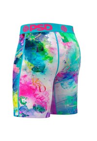 Des shorts ajustés et colorés au format PSD présentent un motif aquarelle avec des nuances de bleu, vert et rose. La ceinture est turquoise avec un logo.
