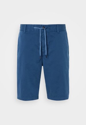 Blue cotton shorts with an elastic waistband, drawstring closure, side pockets, and a smooth texture. No patterns or accents visible.