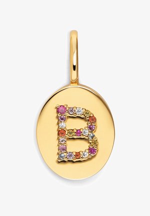 Zlatý prívesok s lešteným okrúhlym povrchom a dekoratívnym písmenom „B“ z farebných kameňov v odtieňoch ružovej, oranžovej a žltej.
