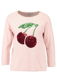 Rosa tröja med trekvartslånga ärmar, med en körsbärsdesign i röda och gröna paljetter på framsidan. Mjuk stickad textur.