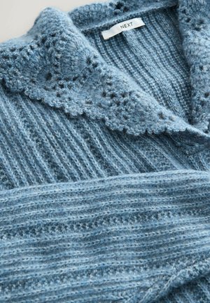 Hellblauer gestrickter Pullover mit gewelltem Kragen, gerippter Textur und schichtartigen Stoffdetails. Markenschild am Ausschnitt sichtbar.